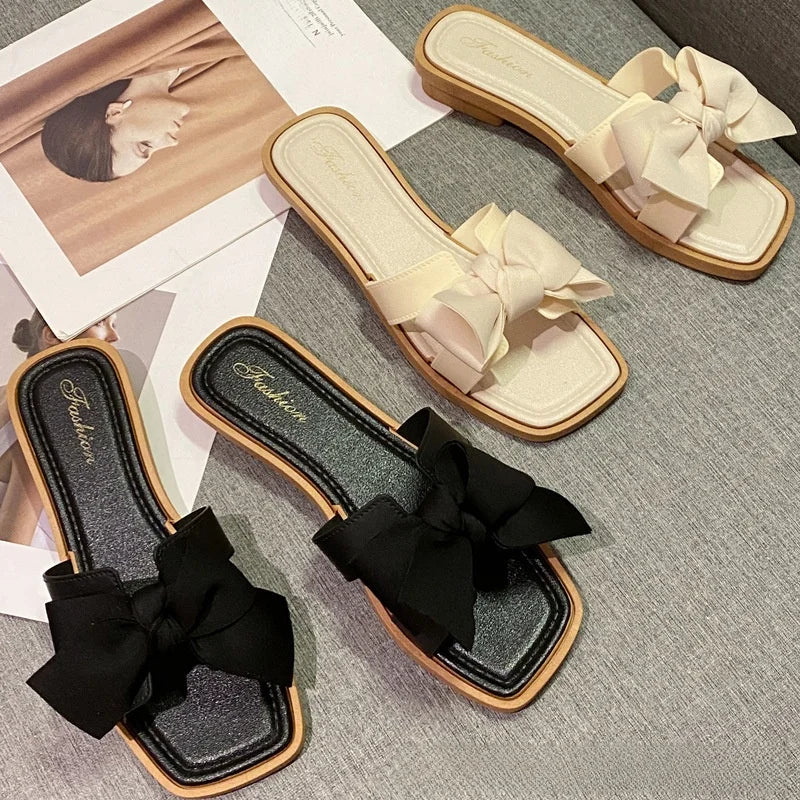 Summer New Women's Slippers Casual Butterfly Knot Low Heel Sandals Beach Outdoor Wear Comfortable Flat Shoes Sweet Style