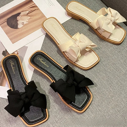 Summer New Women's Slippers Casual Butterfly Knot Low Heel Sandals Beach Outdoor Wear Comfortable Flat Shoes Sweet Style