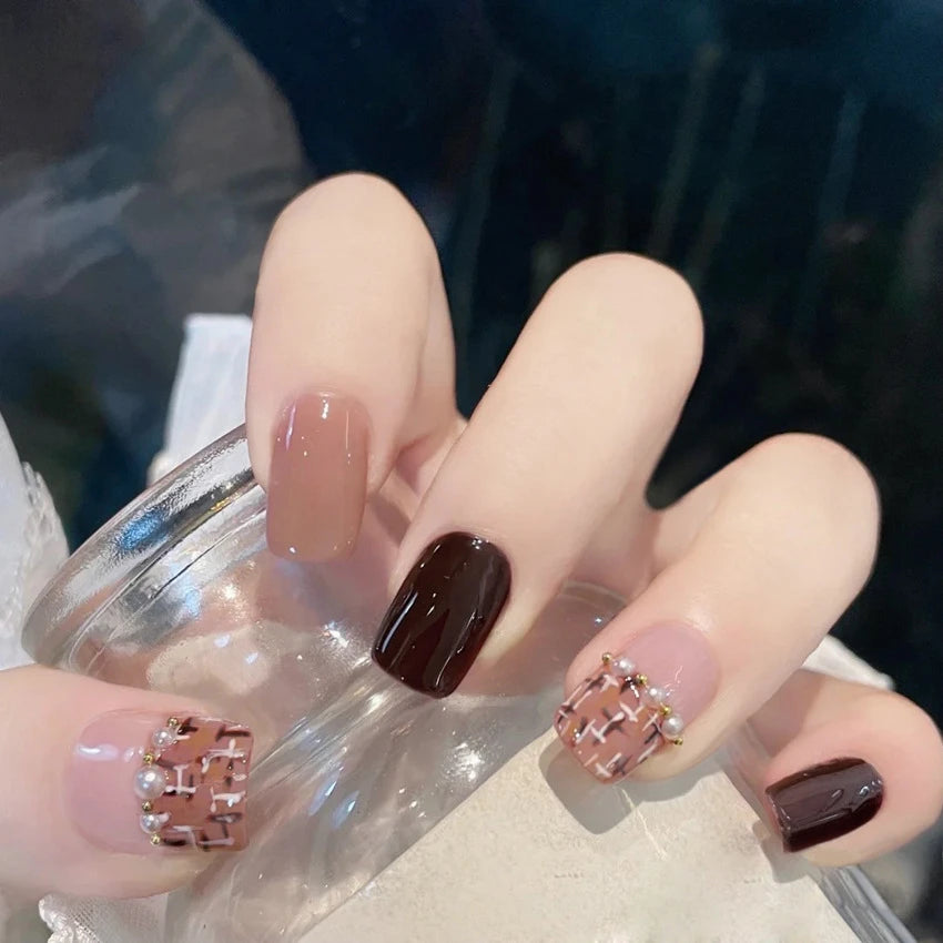 24Pcs/Set Pink Bow French Fake Nails Art Cute with Diamonds Girls Reusable Ballet Press on Nail Tips Oval Acrylic Stick on Nails