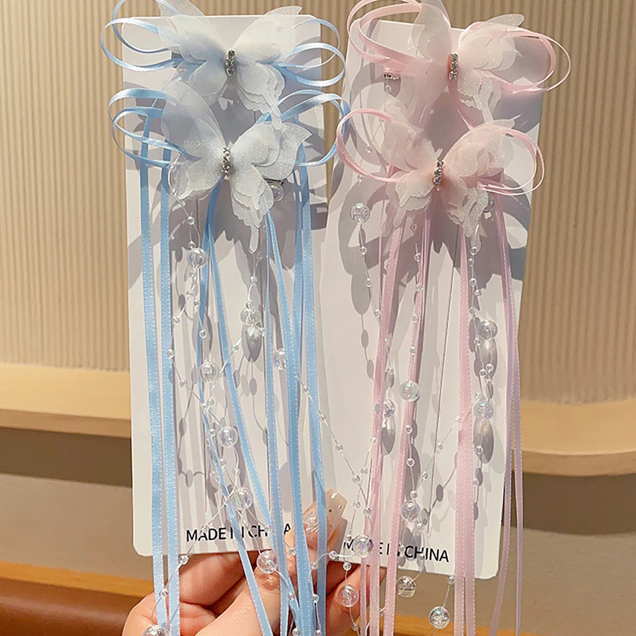 New Butterfly Tassel Baby Girl Hair Clips Sweet Long Ribbon Pearl Duck Tongue Clips Princess Sided Clips Kids Hair Accessories