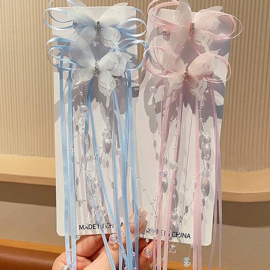 New Butterfly Tassel Baby Girl Hair Clips Sweet Long Ribbon Pearl Duck Tongue Clips Princess Sided Clips Kids Hair Accessories
