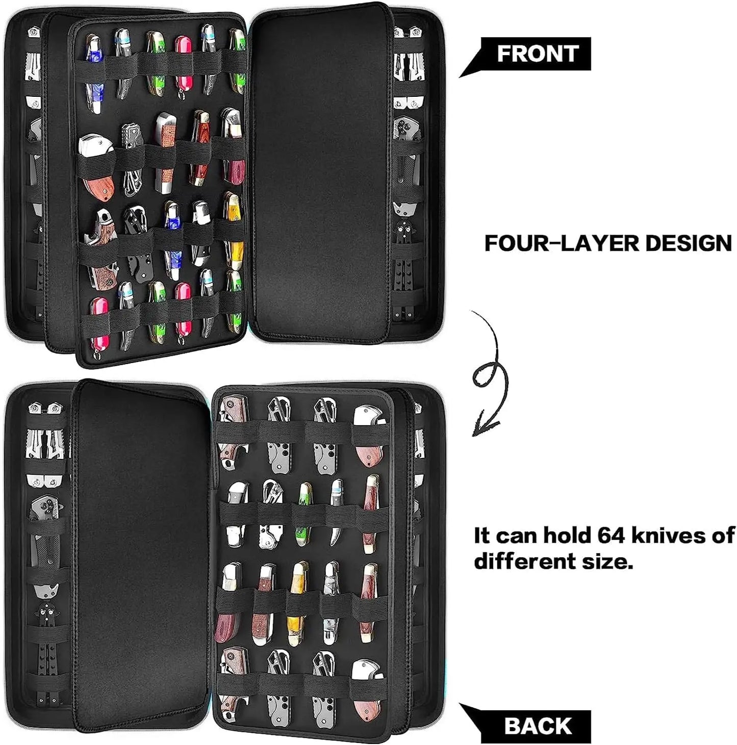 （CASE ONLY)Knife Display Case for 66+ Pocket Knives. Folding Holder, Butterfly Storage Organizer, Knives Roll Collection Pouch
