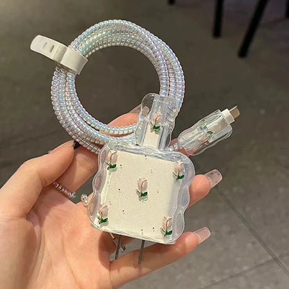 Pink Crystal Butterfly Charging Data Cable Protector Winder Accessories For IPhone 18w/20w Cartoon Charger Protective Cover