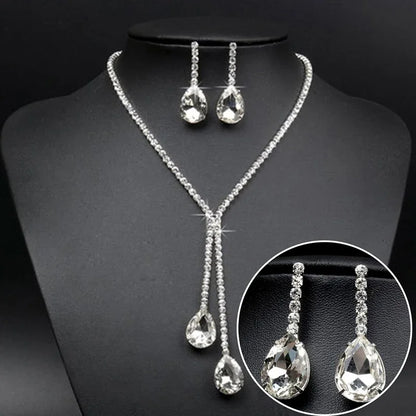 2Pcs/lot Simple Fashion Geometric Zircon Necklace Earrings Kit For Women Wedding Bride Jewelry Set Accessories Gift