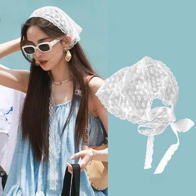 12styles Lace Mesh Triangle Scarf French Country Style Floral Hair Scarf Headwrap for Elegant Women Spring Summer Boho Bandana