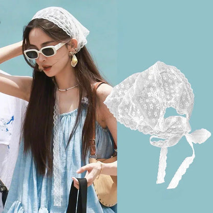 12styles Lace Mesh Triangle Scarf French Country Style Floral Hair Scarf Headwrap for Elegant Women Spring Summer Boho Bandana