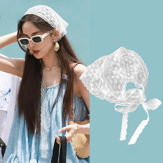 12styles Lace Mesh Triangle Scarf French Country Style Floral Hair Scarf Headwrap for Elegant Women Spring Summer Boho Bandana