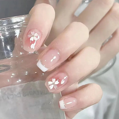 24Pcs Square Press-on Nails Set with Pink Flower Patterns Full Cover Acrylic French Nail Tips Adhesive For Stylish Women/Girls