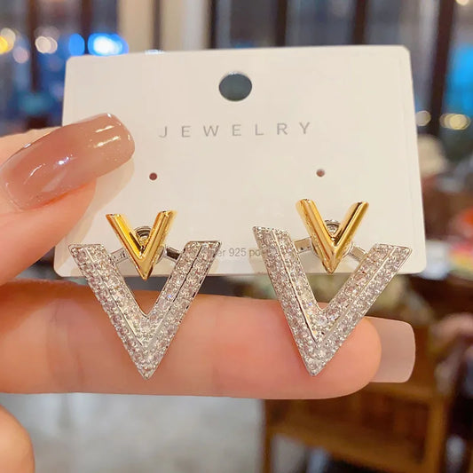 925 Silver Needle Korean Fashion Double V Crystal Earrings For Women Jewelry 2026 Trending Luxury Women's Earrings Behind Ear