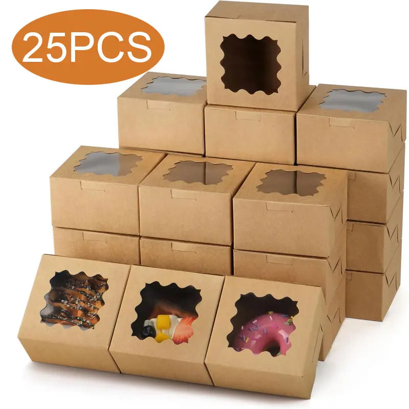 50/100Pcs Kraft Cake Boxes With Window, 4x4x2.5IN Dessert Pastry Macaron Bakery Boxes For Cake, Pastries, Chocolates, Biscuits