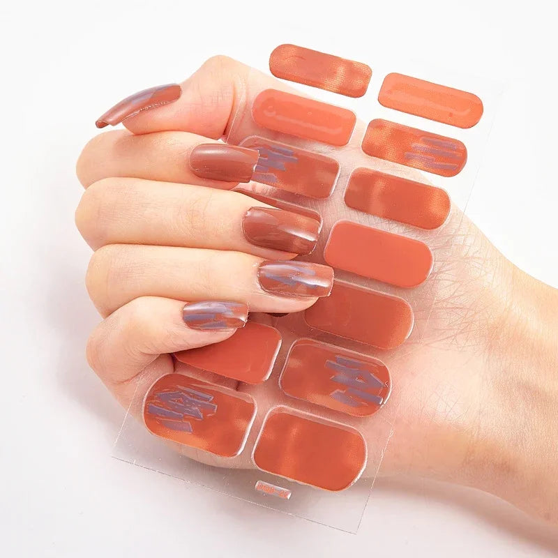 Semi Cured Gel Nail Sticker Pure Color UV LED Lamp Covered Waterproof Full Adhesive Long Self Nail Decals Manicure Lasting