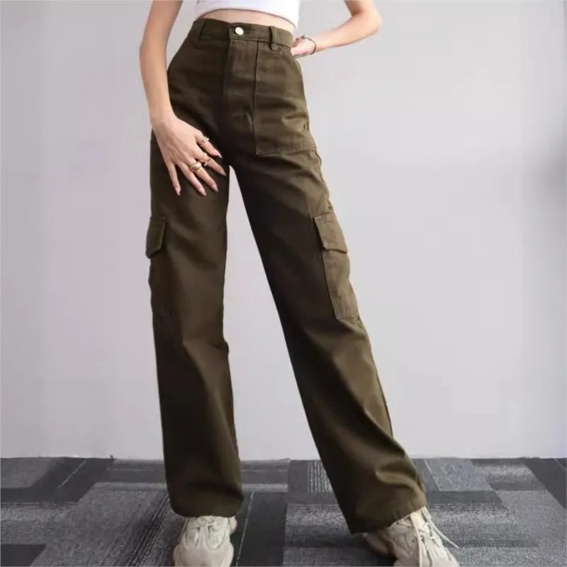 Women Vintage Cargo Pants Streetwear New Y2K Techwear Korean Harajuku Parachute Pants Beige Sweatpants Wide Leg Joggers Trousers
