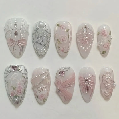 24pcs Sweet False Nail Patches Detachable Fake Nail Tips With Bowknots Love Heart Pearl Design Pink Almond Korean Press On Nail