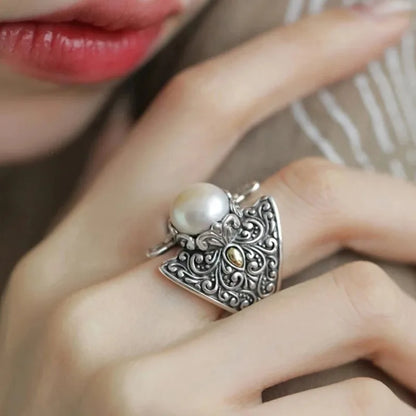 Retro silver 925 Ethnic Style Embossed Tang Grass Pattern Shield Pearls rings for women Adjustable Charms Ring banquet Jewelry