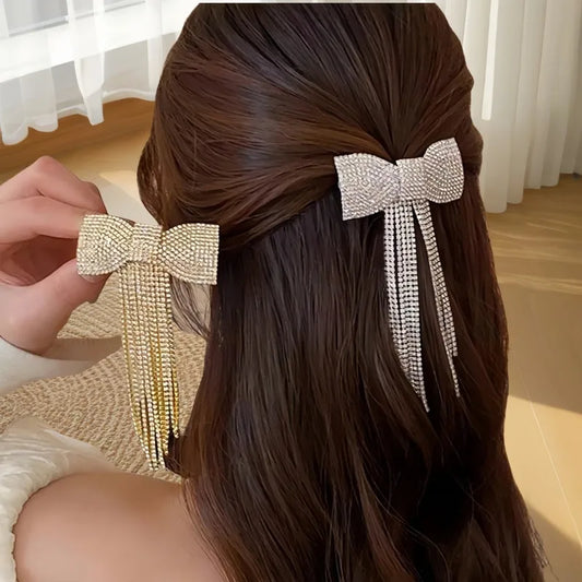 New Fashion Rhinestone Bow Hair Clip Luxury Long Tassel Elegant Hair Barrette Gift for Girls Women