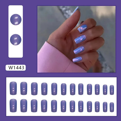 Fresh Green Tea 24 Pcs Fake Nail with Jelly sticker Press on False Nails Wearable Round Head Oval Full Cover Nail Tips