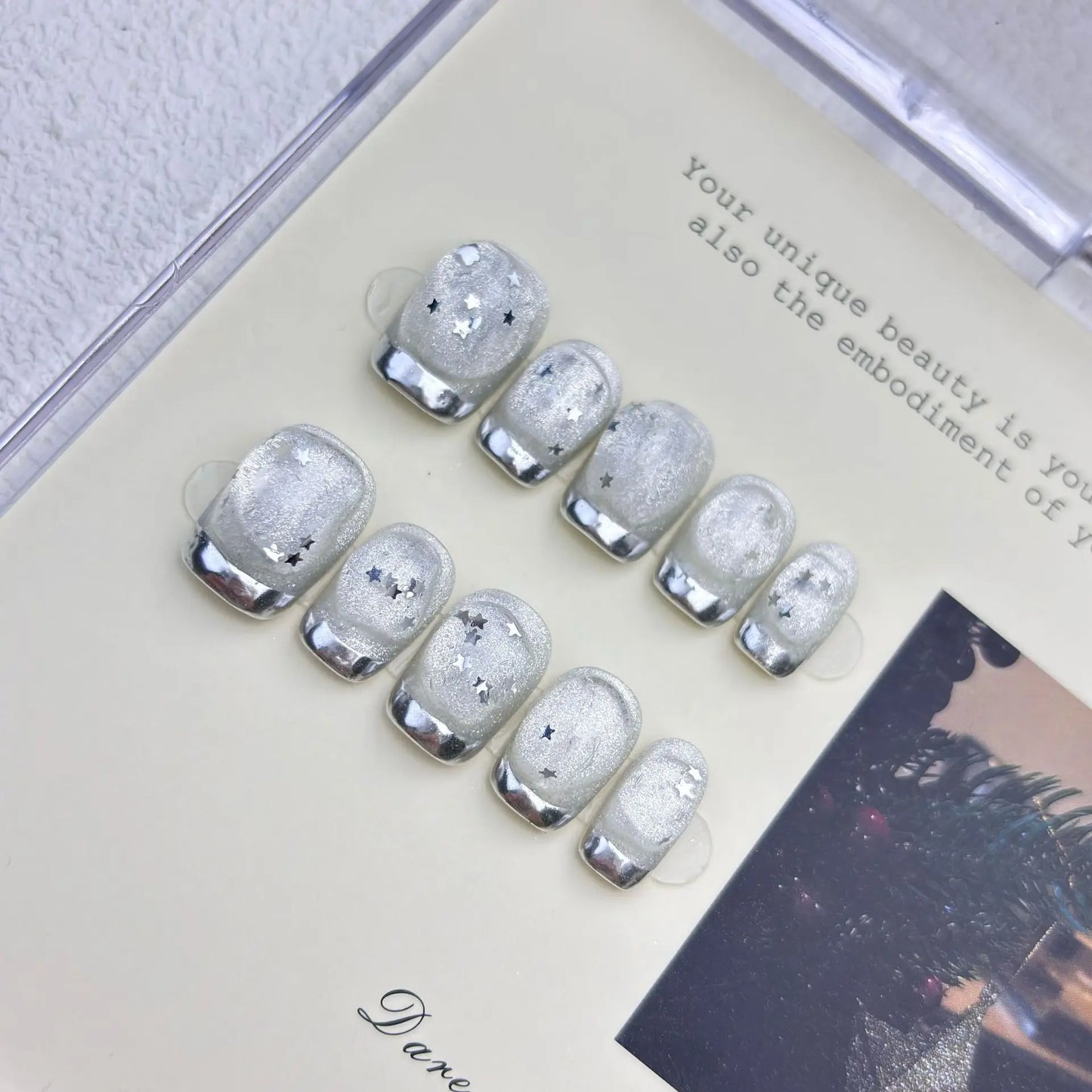 10Pcs Handmade Press on Nails Cat's Eye Shimmering Star Silver French False Nail for Women&Girls Removable Wearable Fake Nail