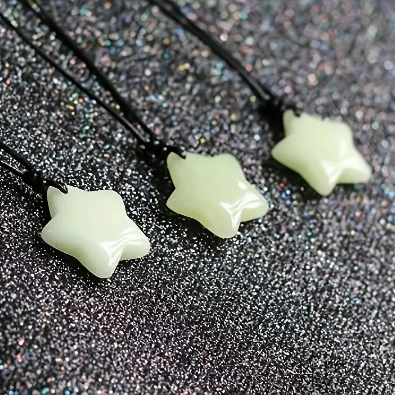 Glow-in-the-Dark Star Lucky Jade Pendant Necklace Set Adjustable Rope Sporty/Cute Style for Outdoor Adventures & Music Festivals