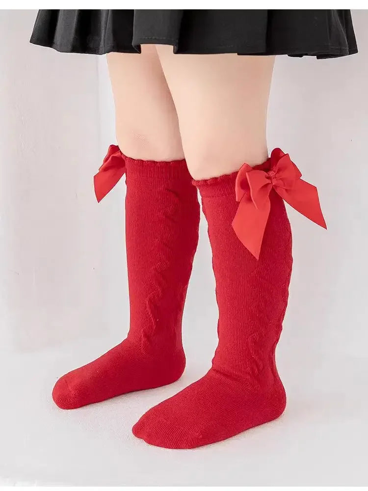 Red Bow Tie Knee High Tube Socks Girls' Christmas Stockings Infants Toddlers Soft Cotton Children Non Slip Floor Socks Baby Gift
