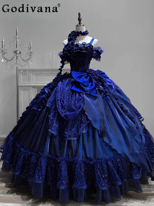 Original Heavy Industry Blue Lolita Maxi Dress Summer New Woman Slim-Fit Elegant Retro Gothic Suspender Dress Jsk Princess Dress