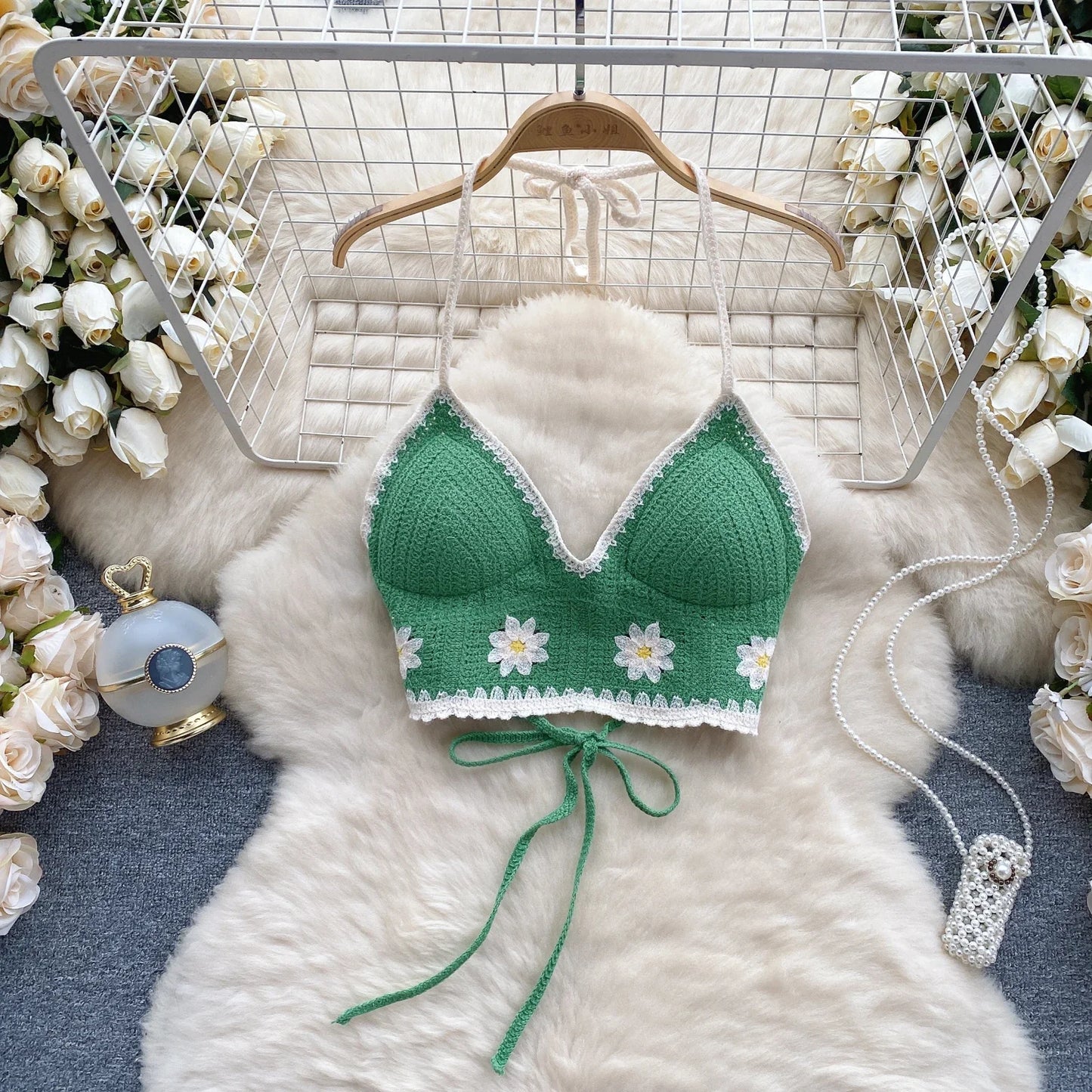 Vacation Style Camis Vest Women Patchwork Sweet Hook Flower Sexy Backless Suspender Camisole Hanging Neck Outwear Crop Tops