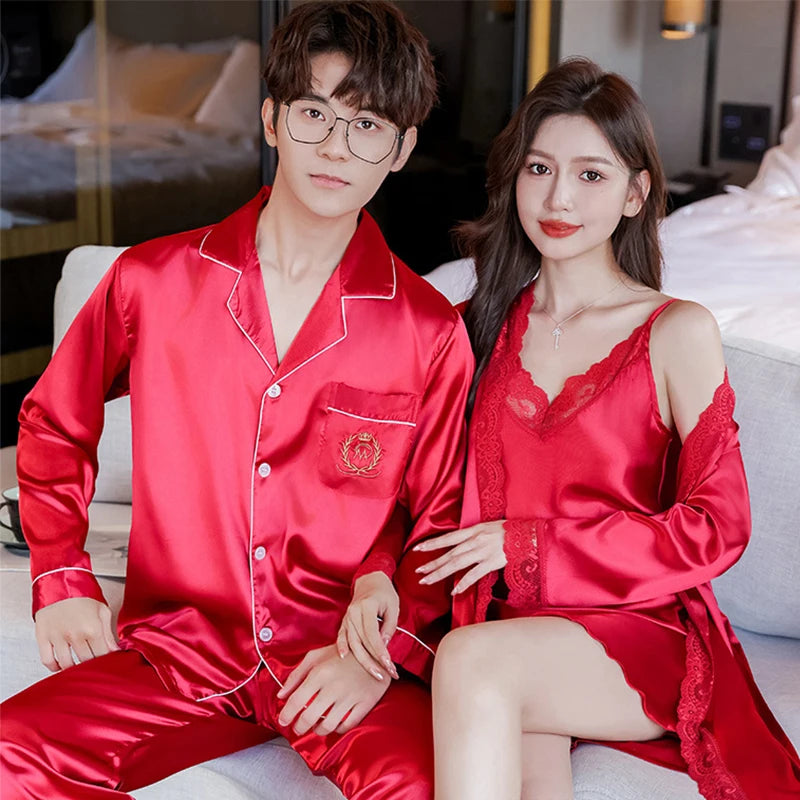Couple Pajamas Set Women Silk Sexy Nightdress Nightgown Two-Pieces Summer Men's Long-Sleeved Long Pant Home Wear Bridesmaid Robe