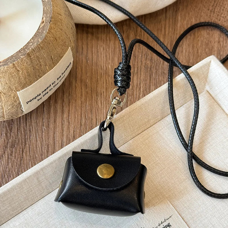 Retro Cute Small Leopard Print Leather Bag Pendant Necklaces for Women Sweater Long Rope Chain Neck Hanging Jewelry Accessory C