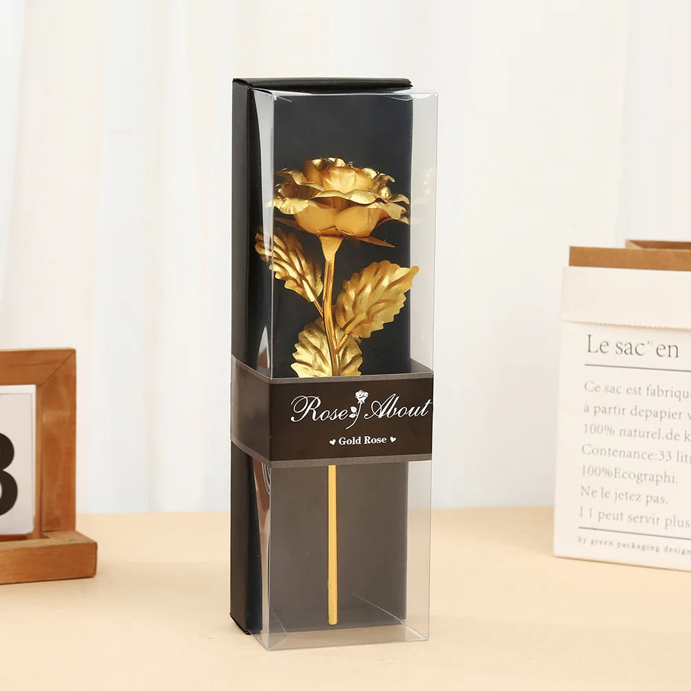 Golden Rose Flower with Gift Box Valentine Day Gift Artificial Roses Foil Rose Flowers Party Wedding Decor Present For Lover
