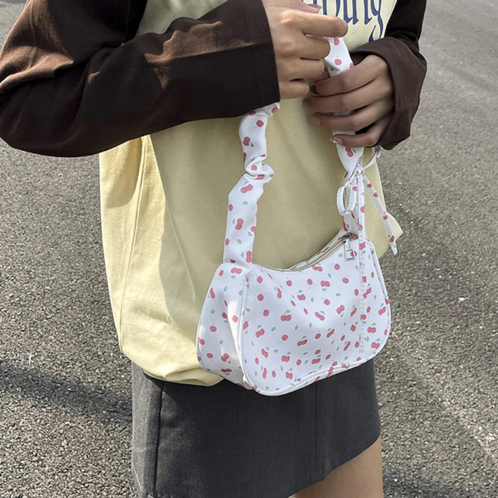 Women Small Underarm Bag Y2K Sweet Printed Zipper Tote Pleated Strap Handbag Half Moon Design Versatile Ladies Shoulder Bags