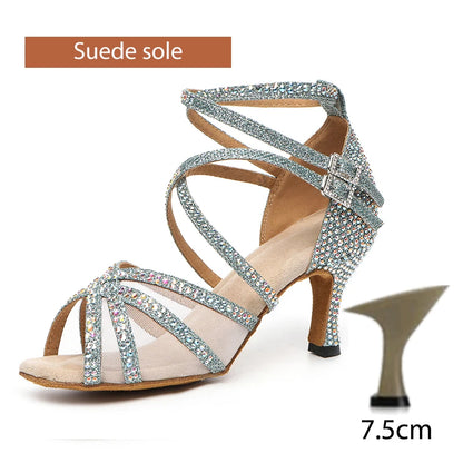 DKZSYIM Rhinestone Women Latin Dance Shoes Latin Salsa Girl Dancing Shoes Black Shiny Ballroom Dance Shoes For Girls Ladies