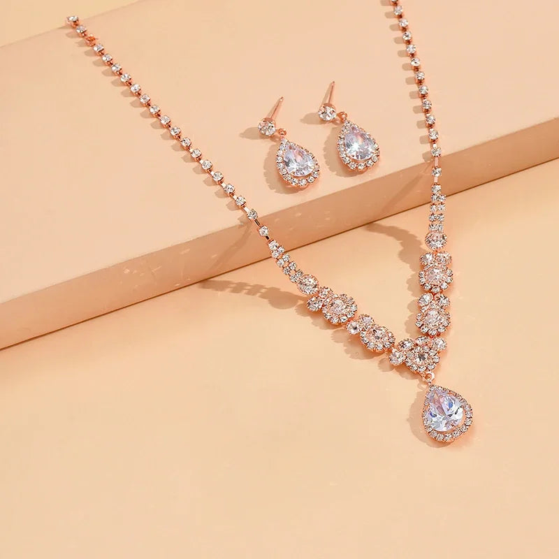 2Pcs/lot Simple Fashion Geometric Zircon Necklace Earrings Kit For Women Wedding Bride Jewelry Set Accessories Gift