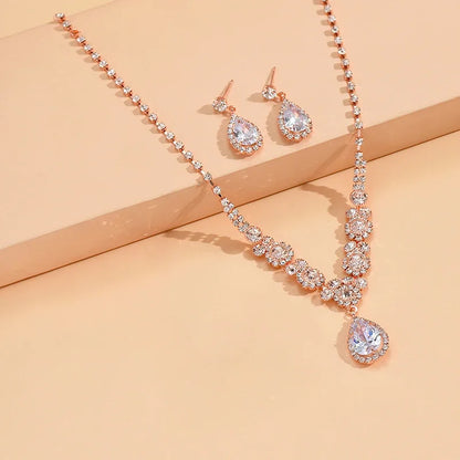 2Pcs/lot Simple Fashion Geometric Zircon Necklace Earrings Kit For Women Wedding Bride Jewelry Set Accessories Gift