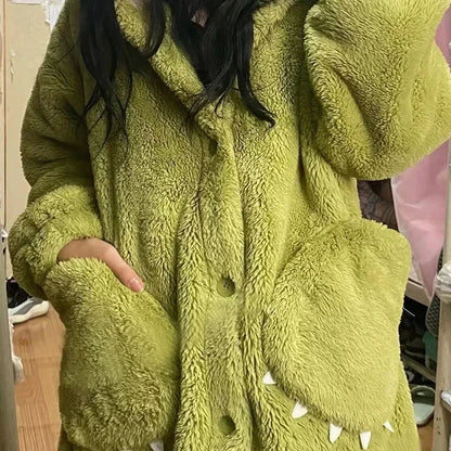 Thick Coral Fleece Pajama Set Cute Big Eyes Character Home Wear Winter Comfortable Sleepwear Outerwear Suitable for All Genders