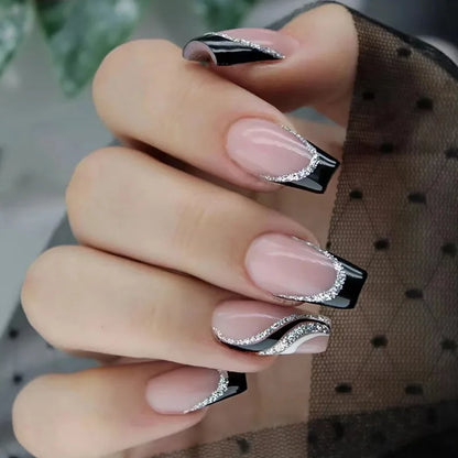 24Pcs Press on Fake Nails Short Medium French Acrylic Full Cover False Nail With Glue Kit Mini File Manicure for Women and Girls