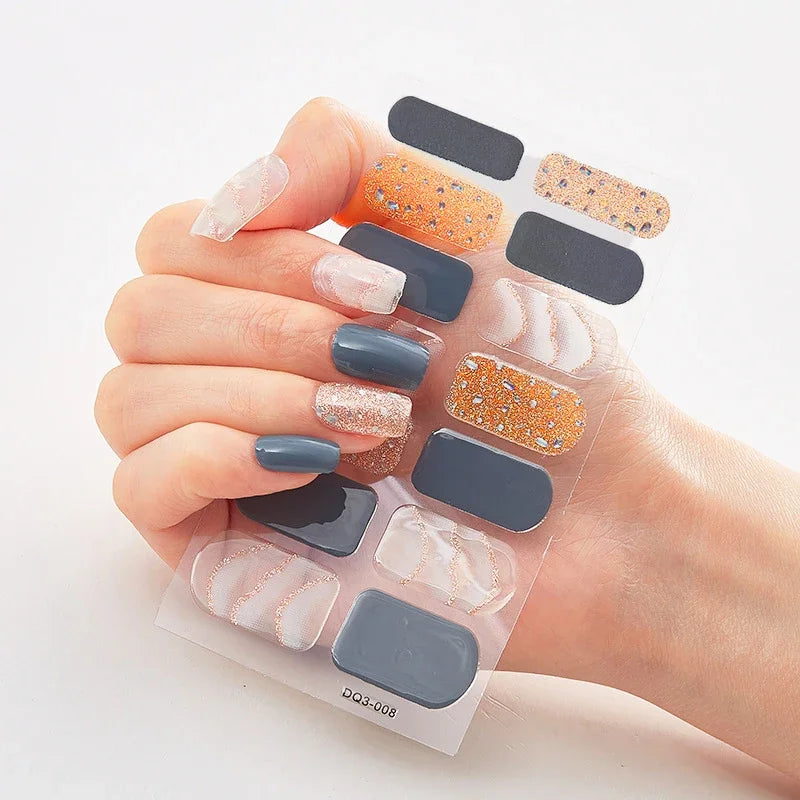 16Tips Nude Semi-Cured Gel Nail Wraps Sticker Long-Lasting UV LED Lamp French Nail Decal Full Cover Waterproof Semi-Cured Sticke