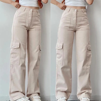 Women Vintage Cargo Pants Streetwear New Y2K Techwear Korean Harajuku Parachute Pants Beige Sweatpants Wide Leg Joggers Trousers