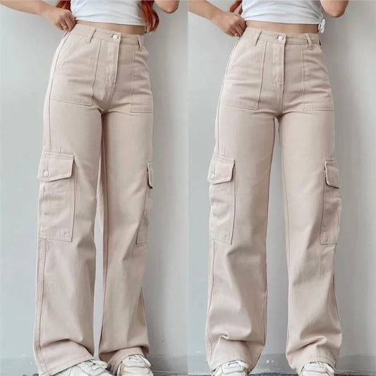 Women Vintage Cargo Pants Streetwear New Y2K Techwear Korean Harajuku Parachute Pants Beige Sweatpants Wide Leg Joggers Trousers