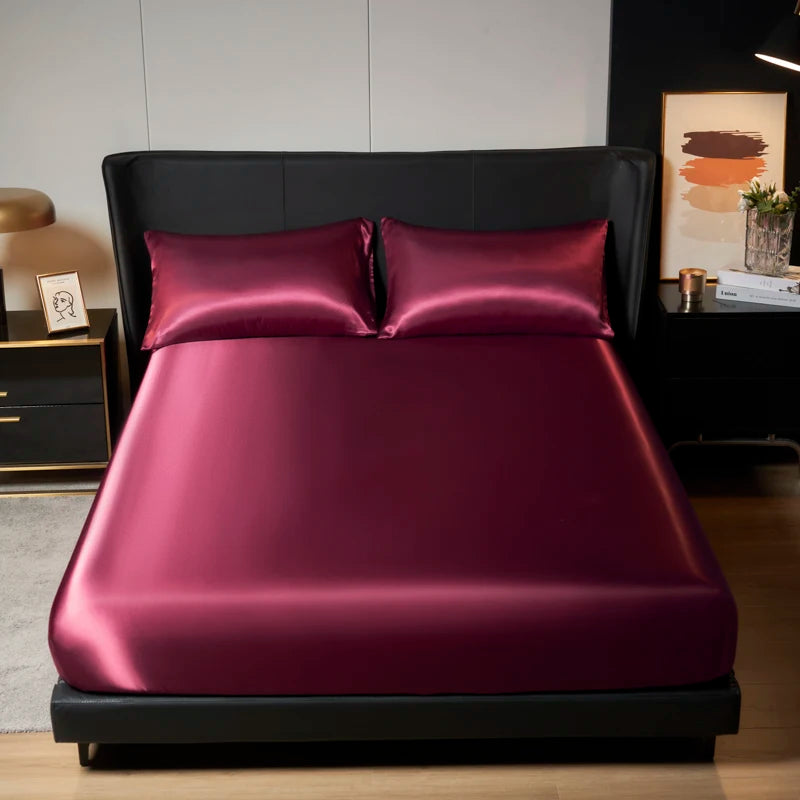 1Pc Satin Fitted Sheet Solid Colour Twin Full Queen Ice Silk Mattress Cover Natural With Elastic Band Bed Sheet (No Pillowcase)
