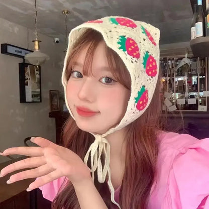 Knitted Triangle Headband French Pastoral Style Little Flower Headband Towel Handmade Crochet Headscarf Hat Spring Summer