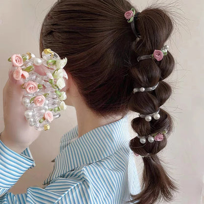 Rose Bead Telephone Line Headband Charming Tied Ponytail Braid Hair Rope Headband High Elasticity Rubber Band Pearl Headwears
