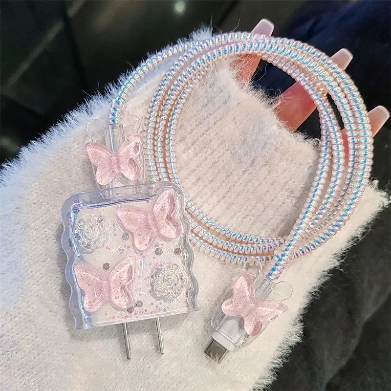 Pink Crystal Butterfly Charging Data Cable Protector Winder Accessories For IPhone 18w/20w Cartoon Charger Protective Cover