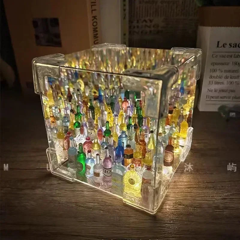 DIY Small Wine Bottle Cube Night Light Mirror Cube Lamp Bedroom Sleeping Table Lamp Handmade Craft Mirror Light Birthday Gifts L