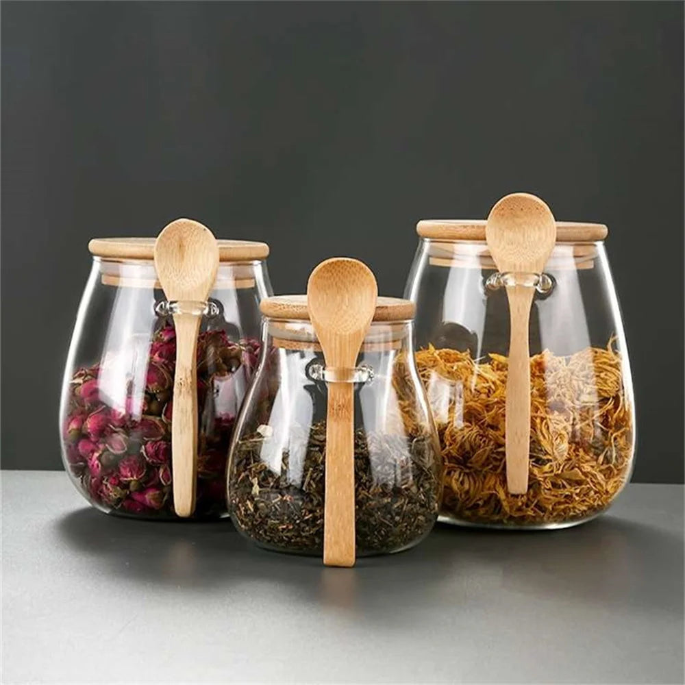 1pack 350/600/1000ml Airtight Glass Jar Storage Container with Bamboo Lid Food Storage Pots For Coffee Beans Tea Dried Grains