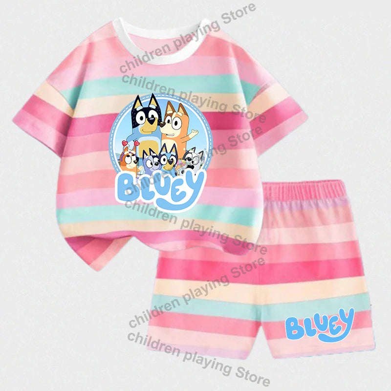 Blueyi Series Child Stripes Sets Summer Girls Boys T-Shirt Shorts Suits Cartoon Bingo Casual Sport Clothes Kids Sleepwear Gifts