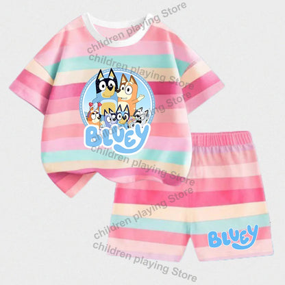 Blueyi Series Child Stripes Sets Summer Girls Boys T-Shirt Shorts Suits Cartoon Bingo Casual Sport Clothes Kids Sleepwear Gifts