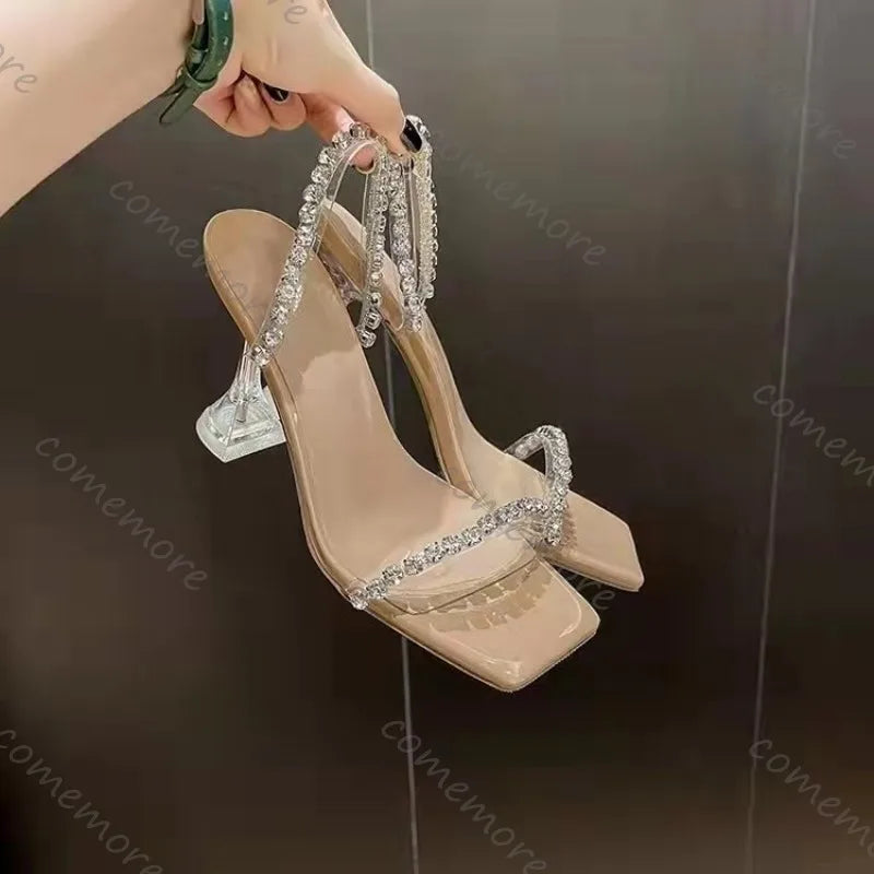 Comemore High Heels Crystal Women Slippers Fashion Open Toe Sandals Summer New Party Transparent Pumps Stilettos Dress Slides