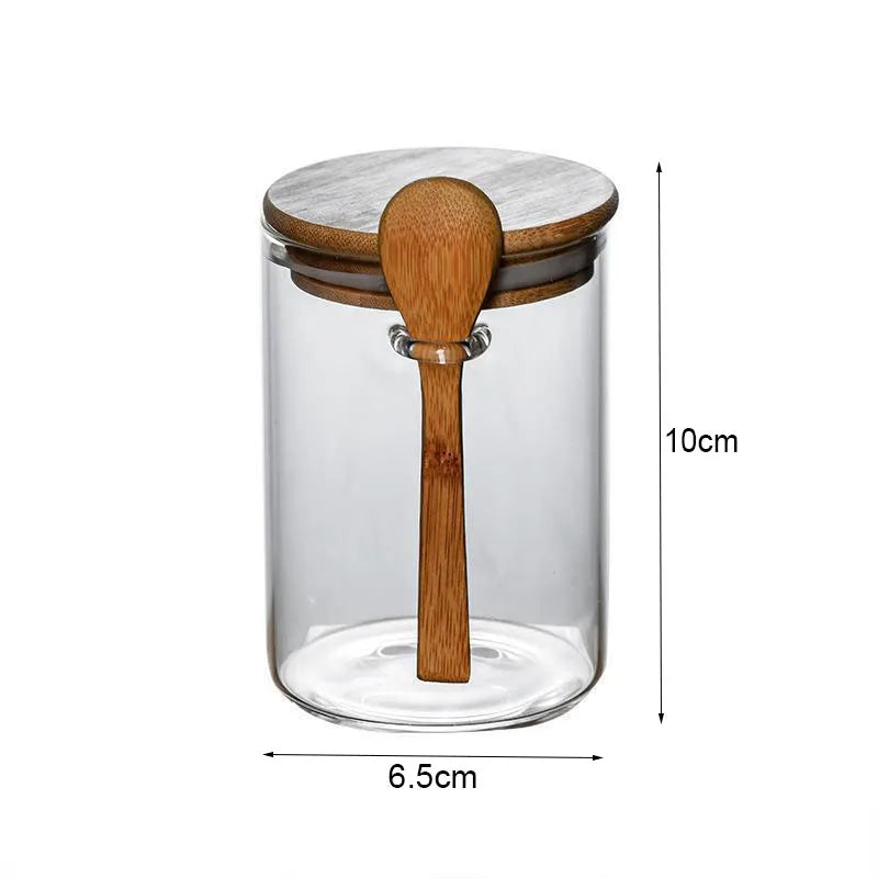 4pcs Set Glass Sealed Jars with Spoons & Bamboo Lids - Leakproof Kitchen Storage for Grains, Tea, Coffee Beans & Spices