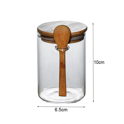 4pcs Set Glass Sealed Jars with Spoons & Bamboo Lids - Leakproof Kitchen Storage for Grains, Tea, Coffee Beans & Spices