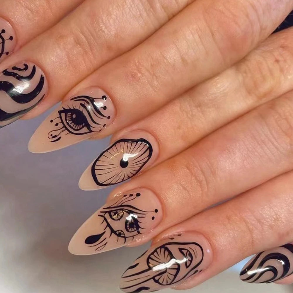 24pcs/set Long Stiletto Fake Nails Punk Snake Pattern Black White Matte False Nails Artificial Full Nail Tips Manicure Tools