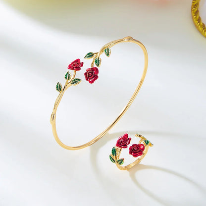 Vintage Charm Red Rose Flower Bracelet Ring Set For Women Vintage Open Adjustable Cuff Bangle Finger Ring Party Wedding Jewelry